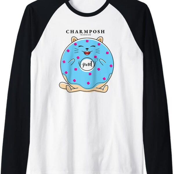 CHARMPOSH Fun Blue Donut Sweet Cat Face Harajuku Pop Art Raglan Baseball Tee