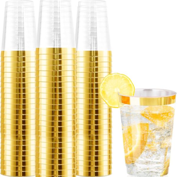 Nervure 120PCS Gold Rim Plastic Cups - 12oz Heavy Duty Plastic Cups