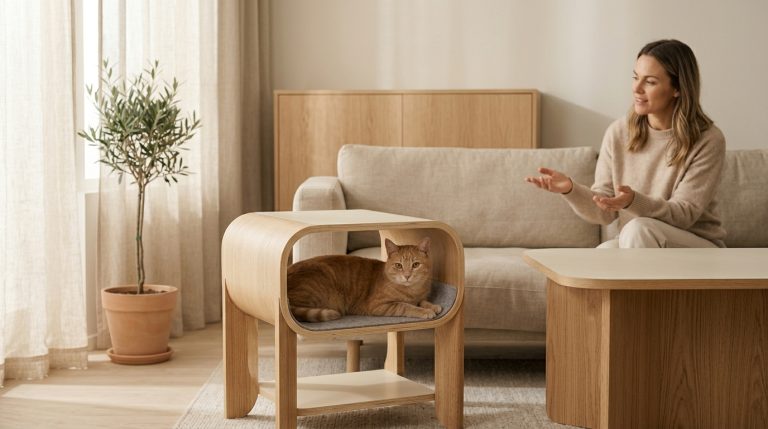 calm cat-friendly spaces — minimalist cat design — hidden litter box — Creating Calm Cat-Friendly Spaces in Minimalist Homes