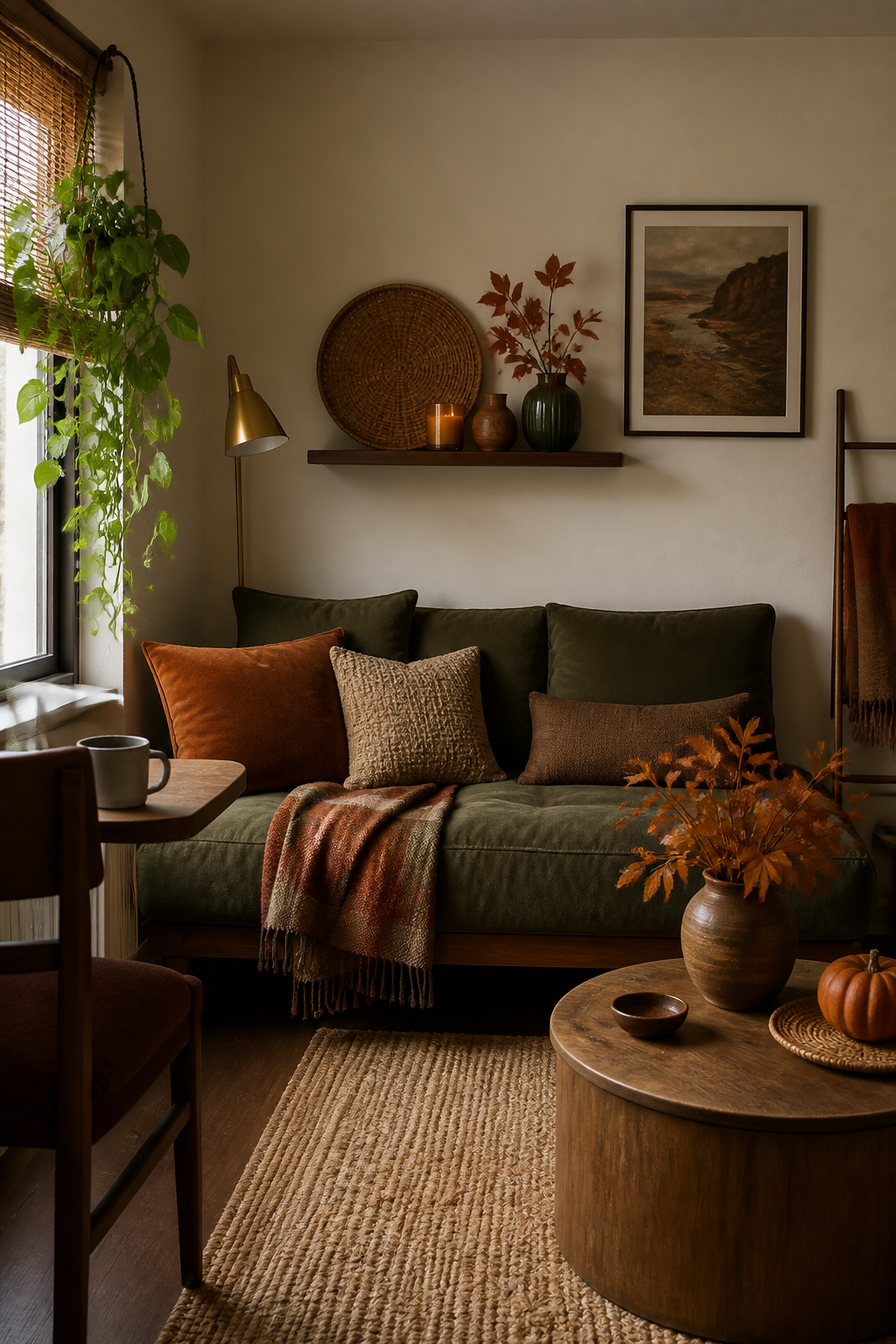 renter-friendly fall decor: green sofa, rust cushions, jute rug, dried stems and a small pumpkin